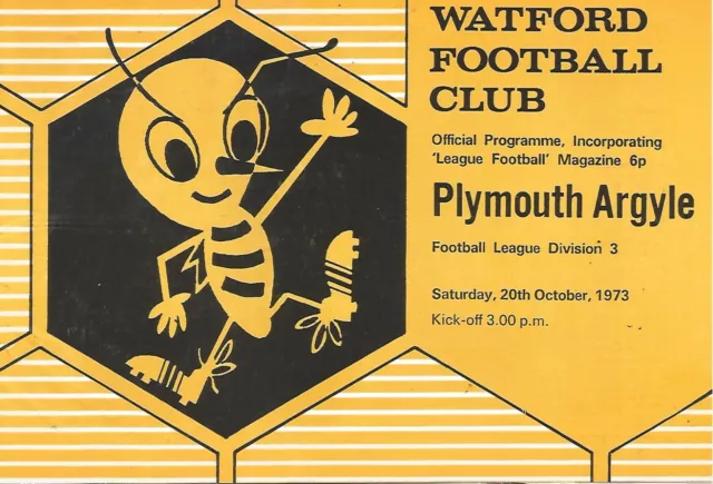 Football Programme - Watford v Plymouth Argyle - Div 3 - 20/10/1973