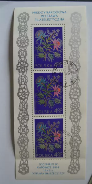 1974 MS/SS Pologne Timbre Broderie/Fleur Mi BL57/ Sc 2032/ Yt BF 63 SOCPHILEX