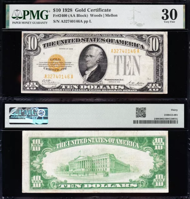 AWESOME Crisp Choice VF++ 1928 $10 GOLD CERTIFICATE! PMG 30! FREE SHIP! 40146A