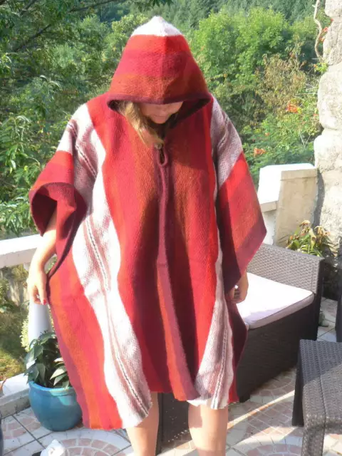 Poncho capuche adulte mélange laine alpaca alpaga ethnique chaud Equateur ROUGE