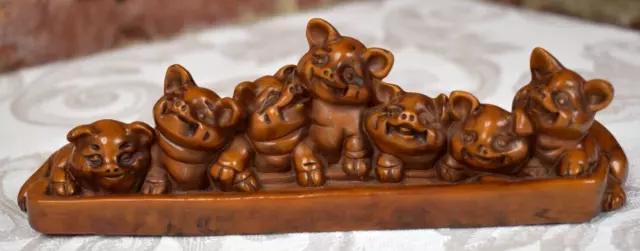 Old China Boxwood Hand Carved Sculpture Statue Feng Shui ? Piglet Pigs Luck