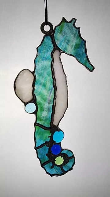 Handmade Stained Glass Seahorse Suncatcher Aqua Blue White Green - 7.25"