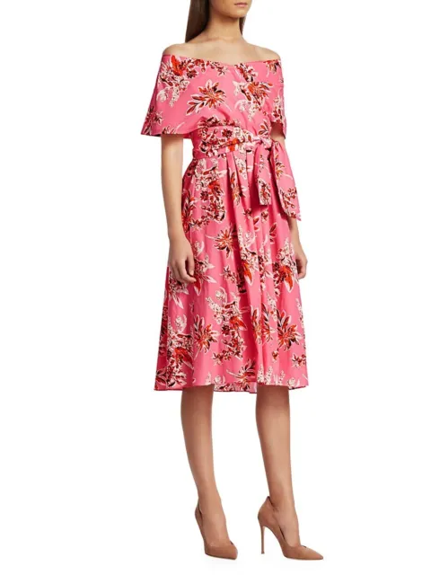 Lela Rose Pink Dress Wildflower Cotton Off-The-Shoulder Cape Sz 10 NWT $1390