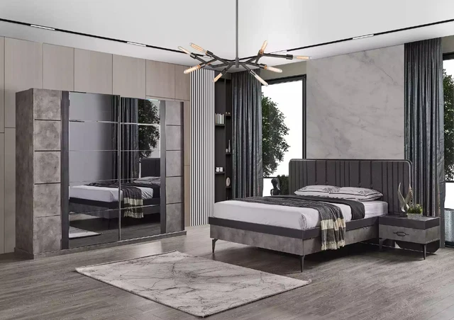 Muebles de acero inoxidable muebles de dormitorio juego cama doble mesitas de noche modernas