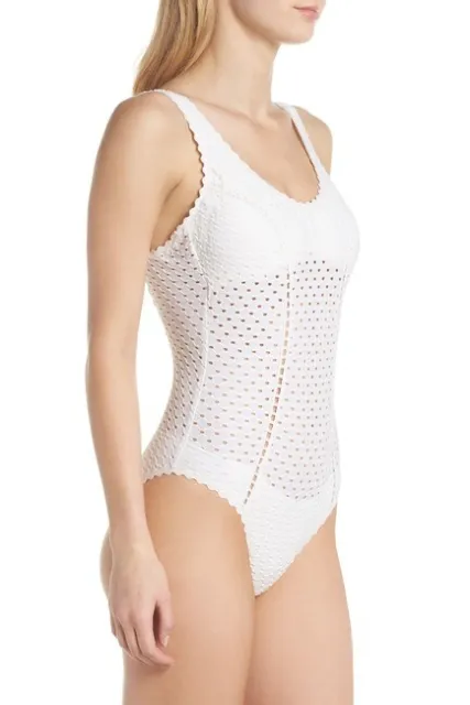 NWT New ROBIN PICCONE Eyelet Crochet One Piece Swimsuit White Sand Size 14