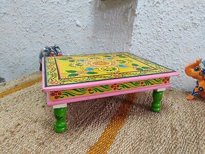 Wooden Yellow Painted Chowki Religious Bajot Hand Carved Stool Low Footstool 3