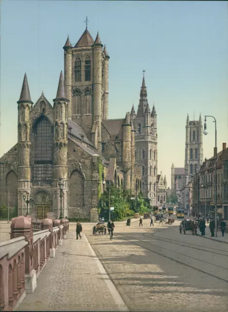 Gand. Le Beffroi. Eglise St Nicolas.  PZ vintage photochromie, photochrom phot