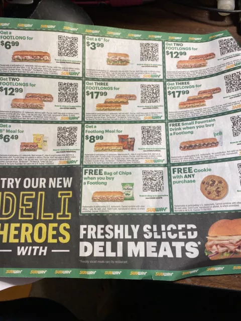 2 Complete Full Sheets coupons SUBWAY SANDWICH Expires 11/26/23 No shipping fee