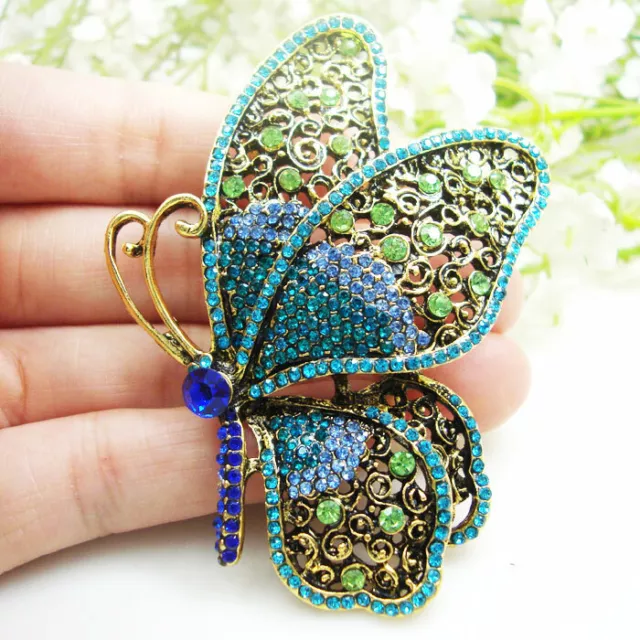 Vintage Blue-green Butterfly Insect Woman's  Brooch Rhinestone Crystal Jewelry