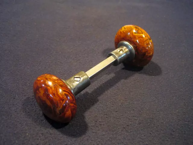 Pair Antique Brown Marble Swirl Tiger Eye Bennington Porcelain Door Knobs 1890's