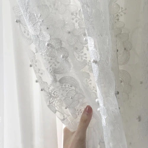 French Romantic Pearl Embroidered Tulle Curtain For Exquisite Window Sheer Drape
