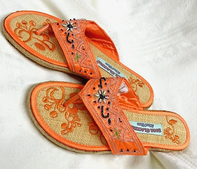 VTG 90 Boca Classic ISLAND WEAR flat orange satin rattan sequin sandalsSZ 9-CUTE