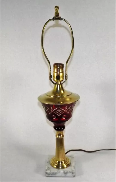 Ruby Red Globe Brass Pillar Table Lamp White Marble Base Vintage