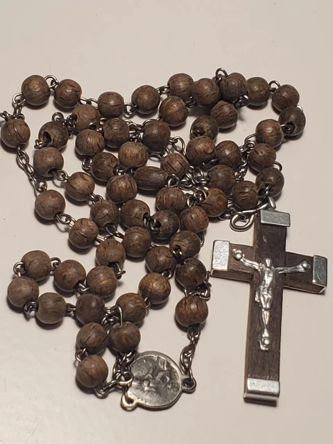 Crucifijos de rosario colgante de cruz vintage cuentas de madera tono plateado hecho en Francia