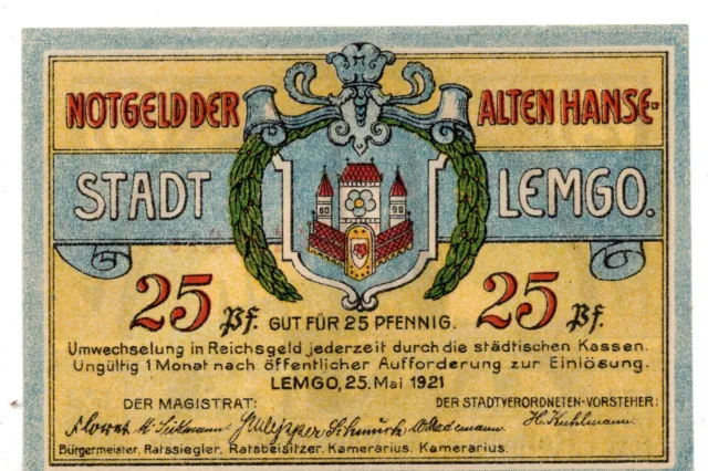 1921 Germany Notgeld City of Lemgo 25 Pfennig (G191)