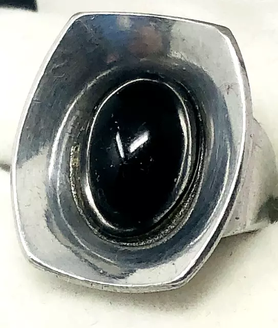 Vintage JORGEN JENSEN Denmark Moderniat Pewter Adjustable Ring Black Stone