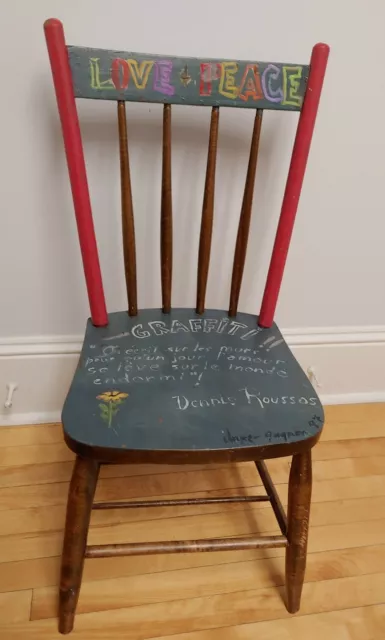 Vintage Wooden Chair Painted Peace and Love Folk Art by Joyce Gagnon 1997 French