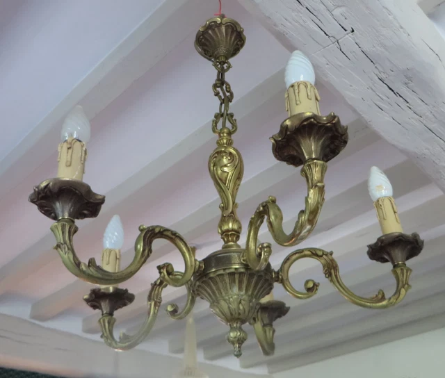Lustre Plafonnier 5 Branches Bronze Laiton Vintage - Occasion Fonctionnel