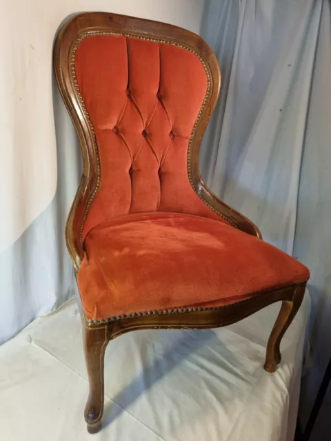 Victorian Style Low Button Backed Nursing Bedroom Chair in Dark Salmon Pink