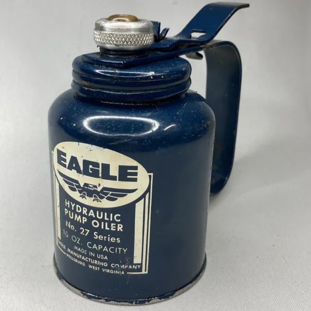 Vintage Eagle Oil Can Thumb Trigger Hydraulic Pump Oiler No. 28 series BLUE Pint