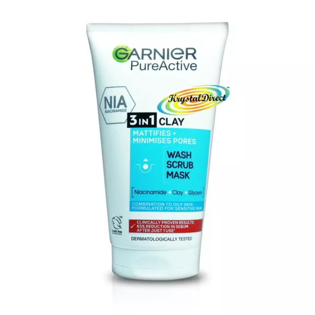 Garnier Pure Active 3 in 1 Clay Face Wash Scrub Mask 150ml with Niacinamide