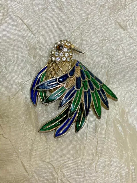 Vintage MONDANO Gold Plated Bird of Paradise Brooch - Enamel & rhinestones 3D