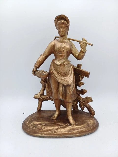 Statue En Régule Jeune Paysanne Sur Socle - 37.5 Cm - Originale Vintage