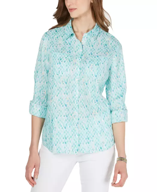 Charter Club Women's Printed Button-Down Linen Top (Large, Aqua Gloss Combo)