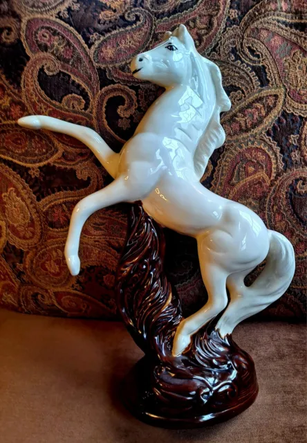 White & Brown Ceramic Horse Decor Statue Signed Jewell 17" x 15" LARGE Beautiful