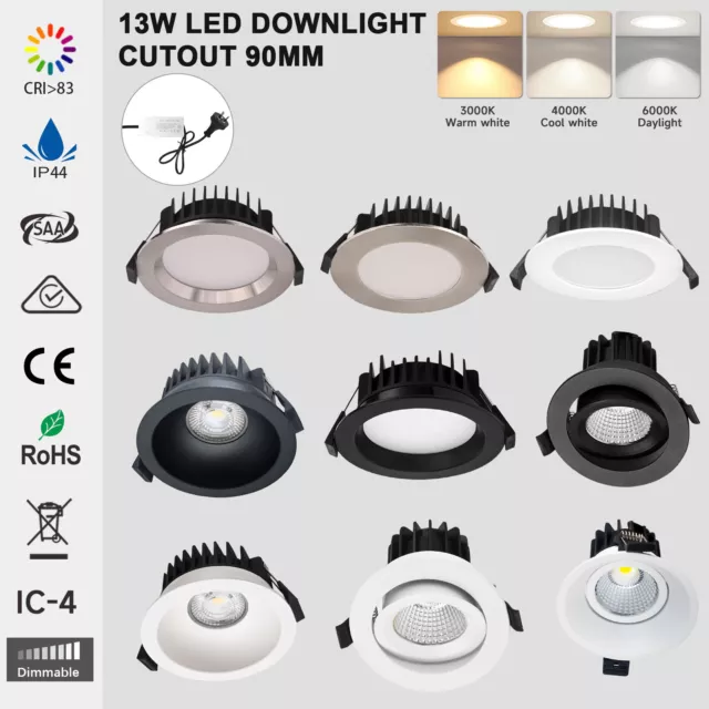 LED Downlight 13W Dimmable Tri-color IP44 90mm-100mm Cutout Flat & Recessed face