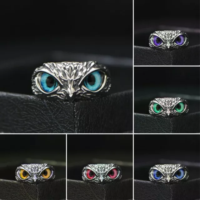 925 Silver Retro Owl Multicolor Eyes Rings Open Finger Adjustable Jewellery Gift