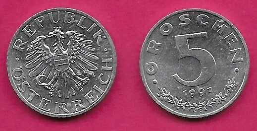 Austria 5 Groschen 1991 Unc Imperial Eagle With Austrian Shield On Breast,Ho