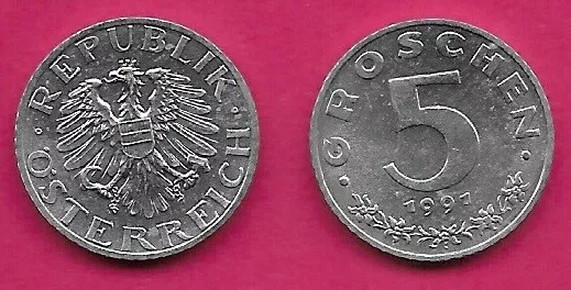 Austria 5 Groschen 1991 Unc Imperial Eagle With Austrian Shield On Breast,Ho