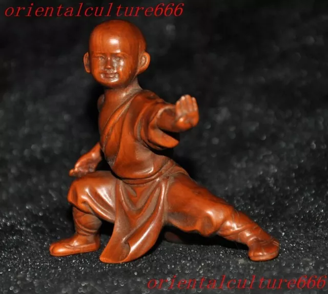 2.8"Chinese Buddhism boxwood wood carven Feng shui child monk Buddha statue 2