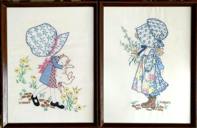 70s HOLLY HOBBIE COMPLETED FRAMED Crewel Art Nursery Simplicity #6005