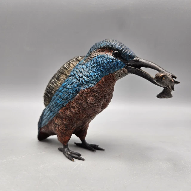 Antique Austrian Cold Painted Bronze Kingfisher Bird with Fish Pen Wipe