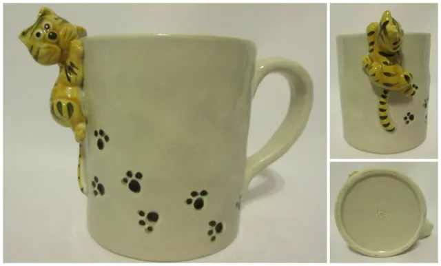 Cat Climbing Coffee Mug Leaving Paw Prints Pottery Hand Made Painted Kitten 3D