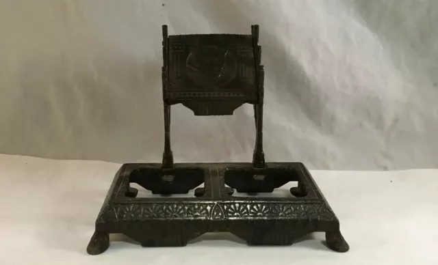 Antique Victorian Eastlake Cast Iron Inkwell Ink Stand W/ Bird Stork Decoration