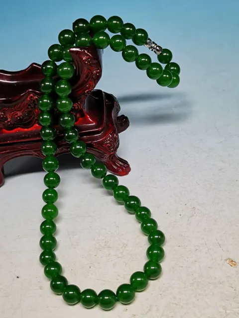 SUPERIOR rare CHINESE Spinach green Jade Beads Hand Polished Necklace DA8