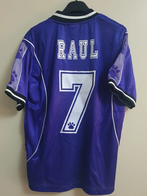 Maillot Vintage Real Madrid Kelme 1996-97 – Raul N°7 Extérieur Violet, Taille XL