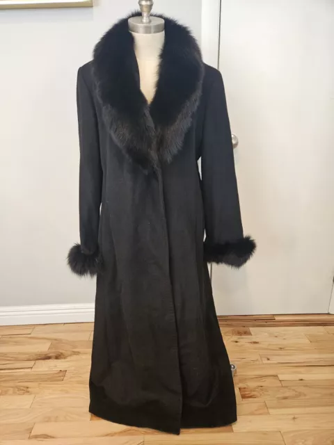 ELLEN TRACY BLUE FOX FUR TRIM AND WOOL SHELL WOMEN'S OVERCOAT LONG COAT Size 12