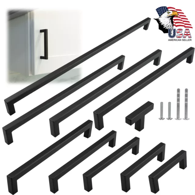 Matte Black Square Modern Cabinet Handles Pulls Kitchen Drawer Stainless Steel