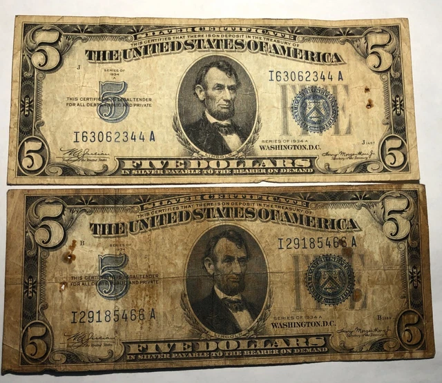 (TWO) 1934A $5 blue seal silver certificates FR1651. Fine, with flaws.  #120