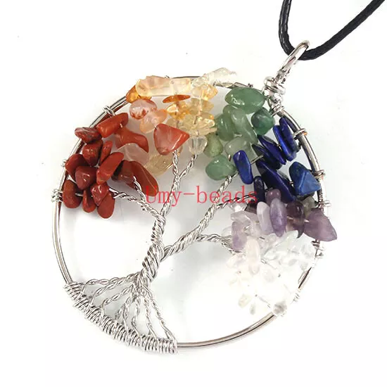 Natural Healing Crystal Quartz Chakra Round Tree of Life Stone Pendant Necklace