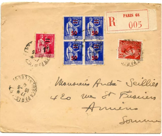 Lettre Timbre Bloc De 4 N° 479 // Recommande Paris Pour Amiens 1941