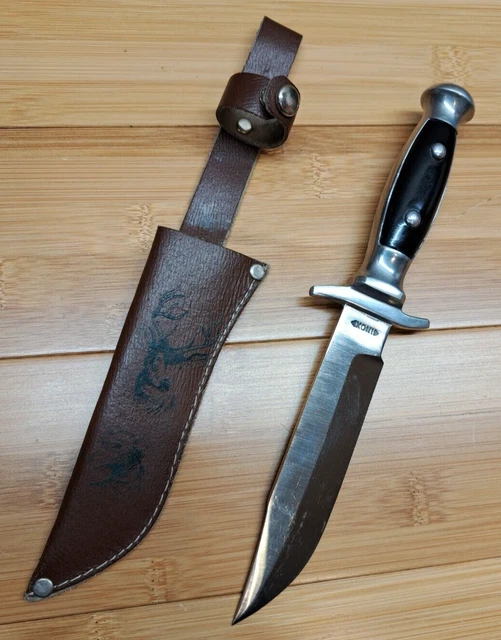 Vintage INOX Fixed Blade Hunting Knife w/ Leather Sheath w/ Whitetail Deer & Dog