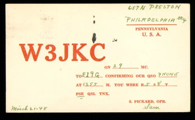 1 x QSL Card Radio USA W3JKC 1948 Philadelphia Pennsylvania - S Pickard ≠ A818