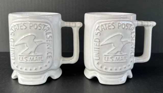 Vintage Frankoma Pottery Mugs (2) White United States Postal Service US Mail #C1