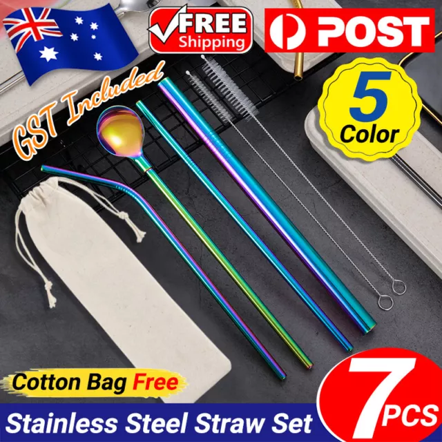 7PCS Reusable Metal Stainless Steel Straws Drinking Straw Spoon Set with Brush