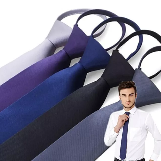 Men Plain Tie Narrow Necktie Pre-tied Suits Zipper Ties Formal Wedding Party 2